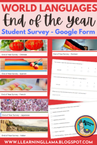 Six end of the year student surveys for different languages