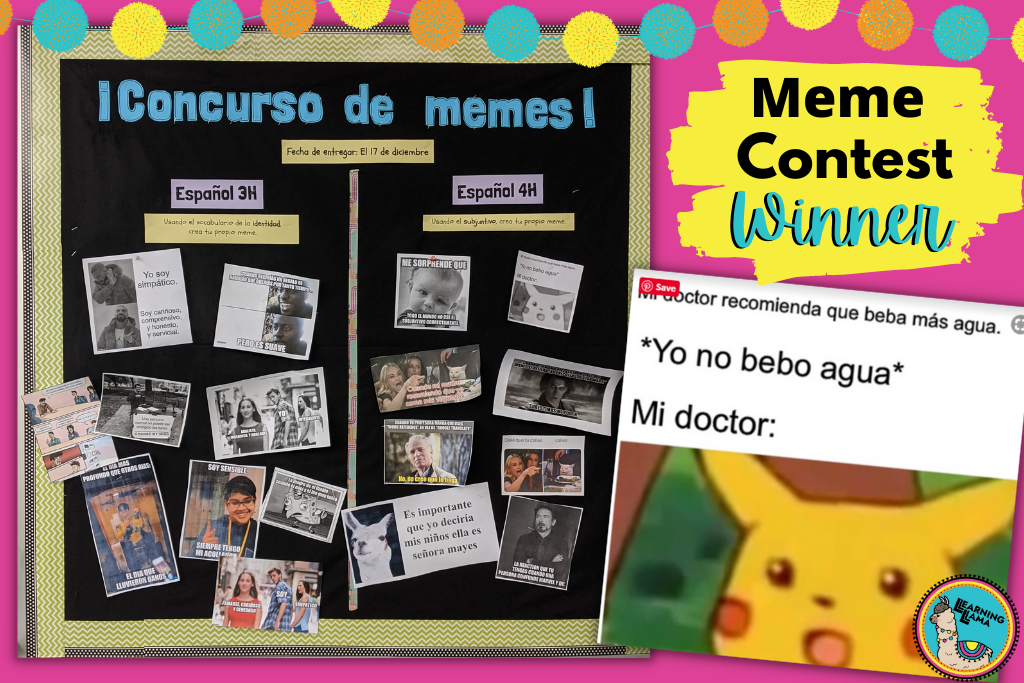 a bulletin board of spanish memes displayed for a meme contest