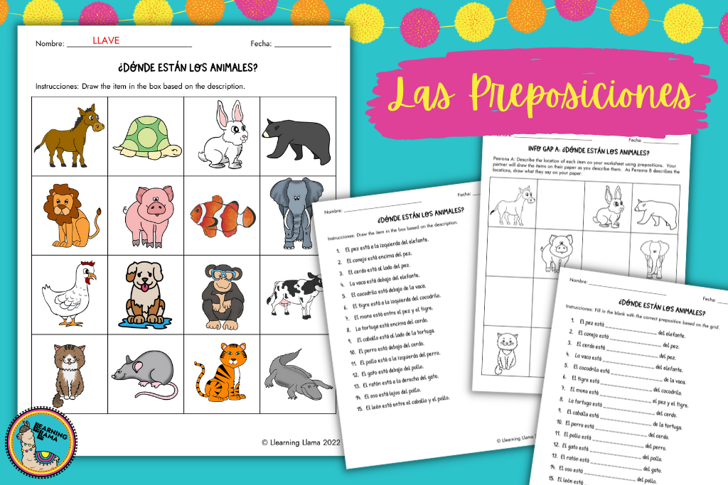 Spanish prepositions of place worksheets with animal vocabulary