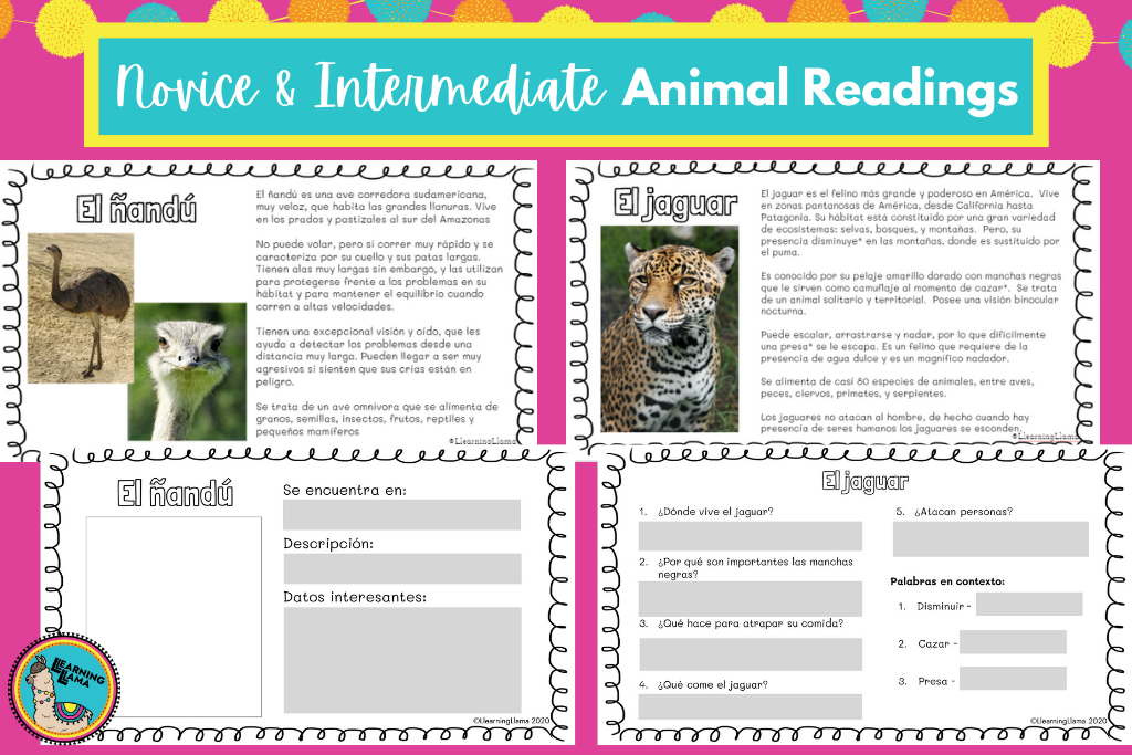 spanish animals readings for novice and intermediate spanish students with worksheets and questions 