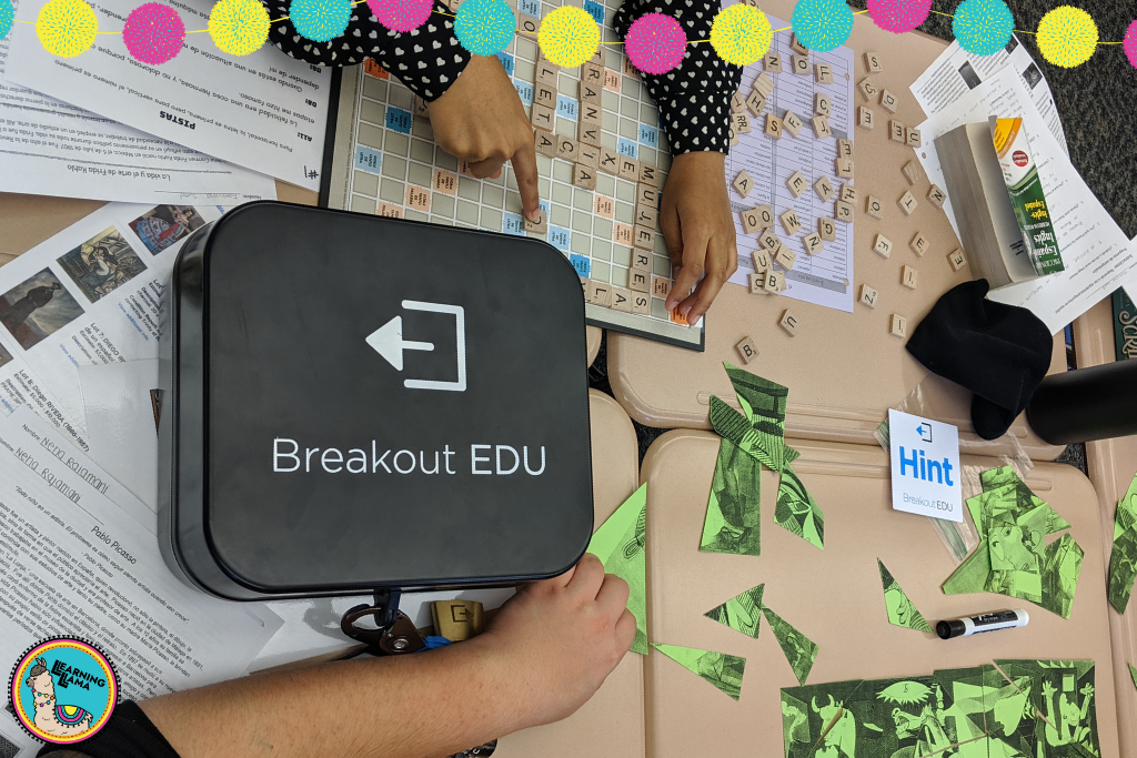 kids playing with an escape room and breakout edu tools in a spanish classroom