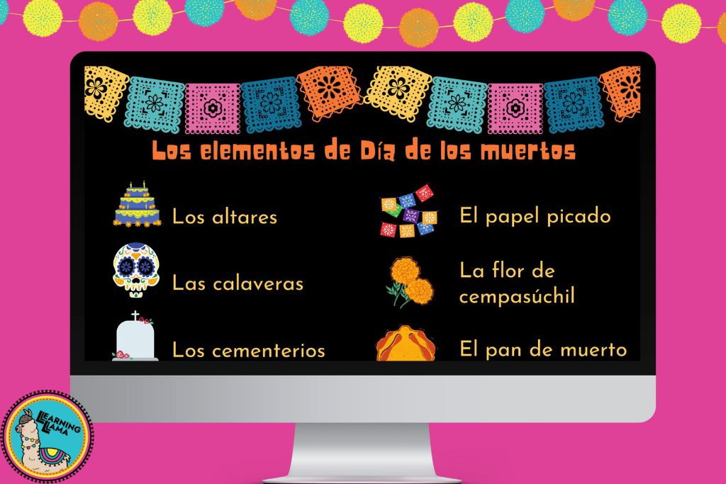 The six elements of day of the dead in spanish class for an interactive digital project