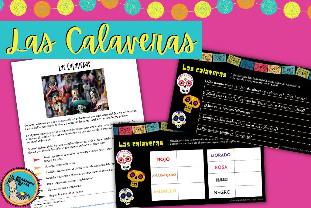 Readings about sugar skulls or calaveras for Day of the Dead in Spanish class