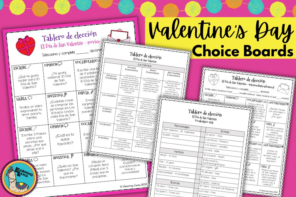 valentine's day choice boards for spanish class