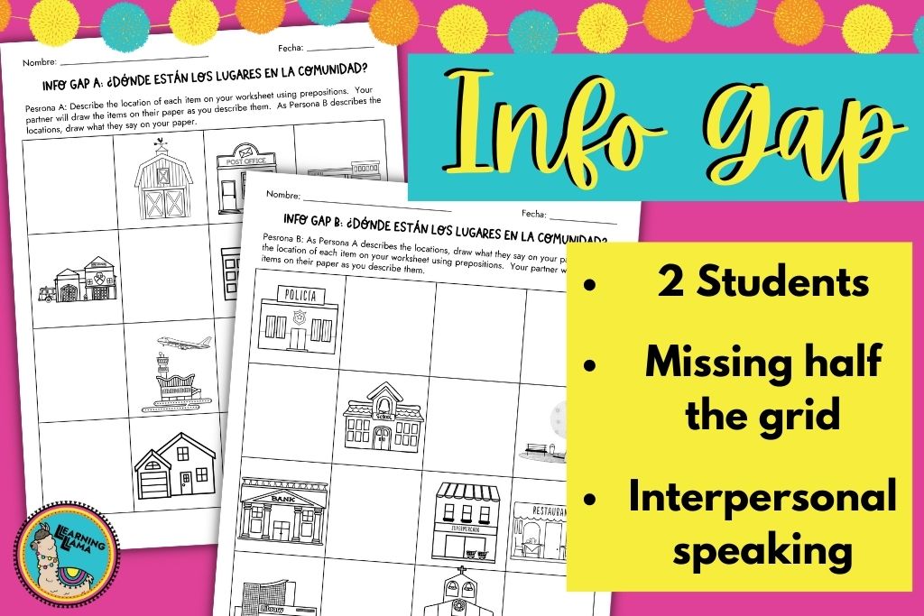 info gap speaking activity to practice prepositions in spanish with places around town