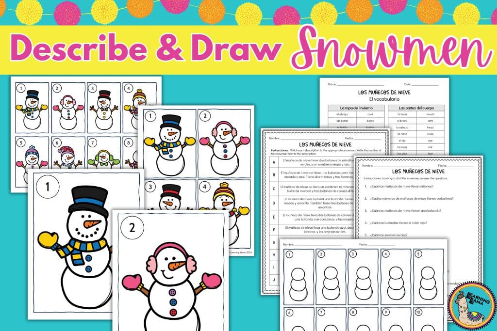 describe and draw snowmen in spanish class with winter spanish vocabulary