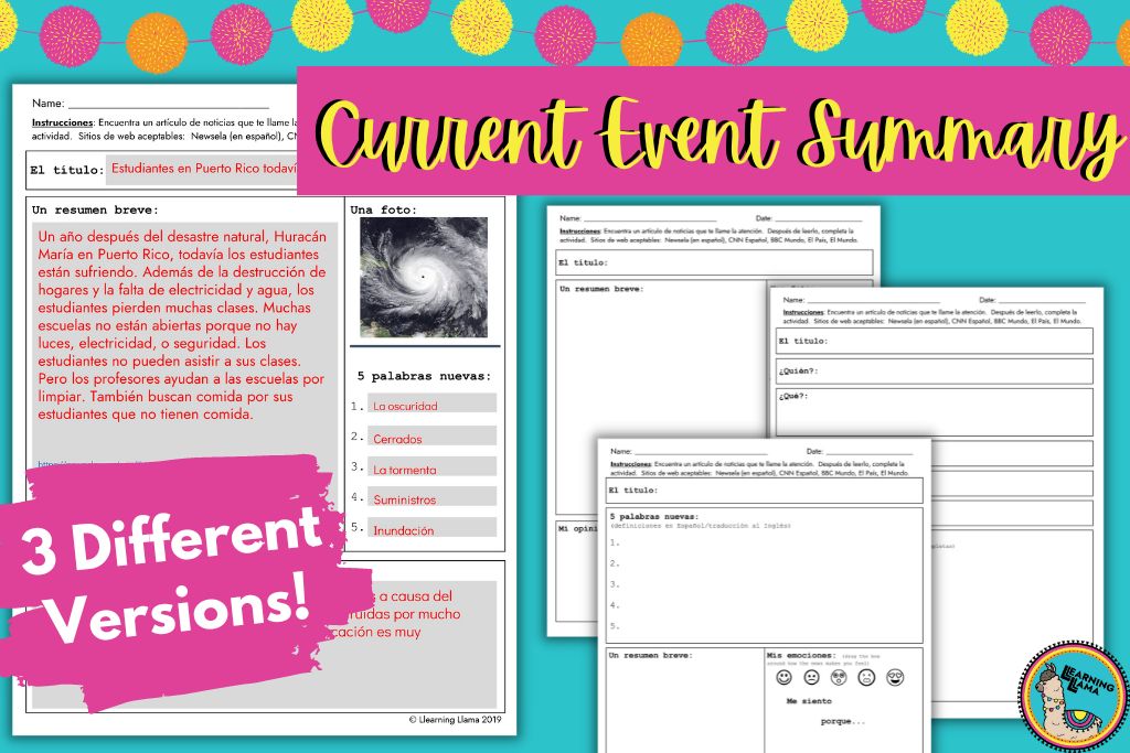 spanish current event summary worksheets