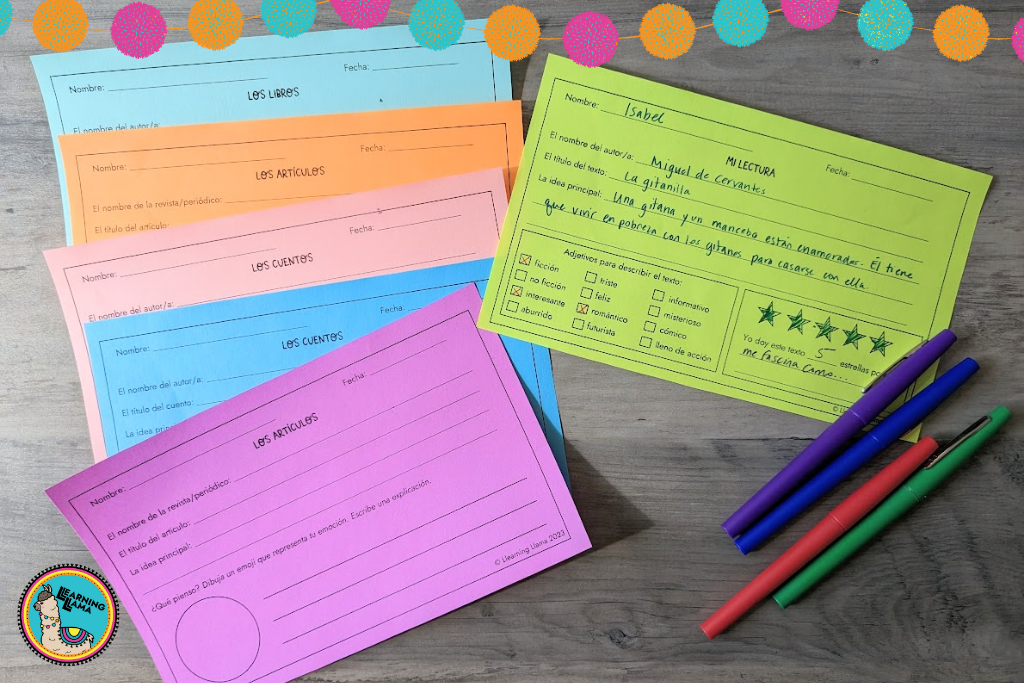 free voluntary reading review cards for spanish students