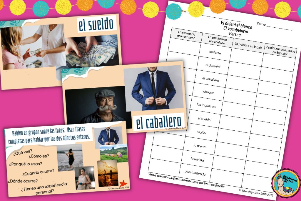 pre reading vocabulary worksheets and images for el delantal blanco