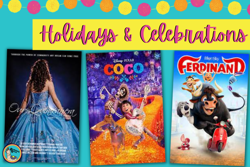 holiday movies in spanish about quinceanera, coco, and ferdinand