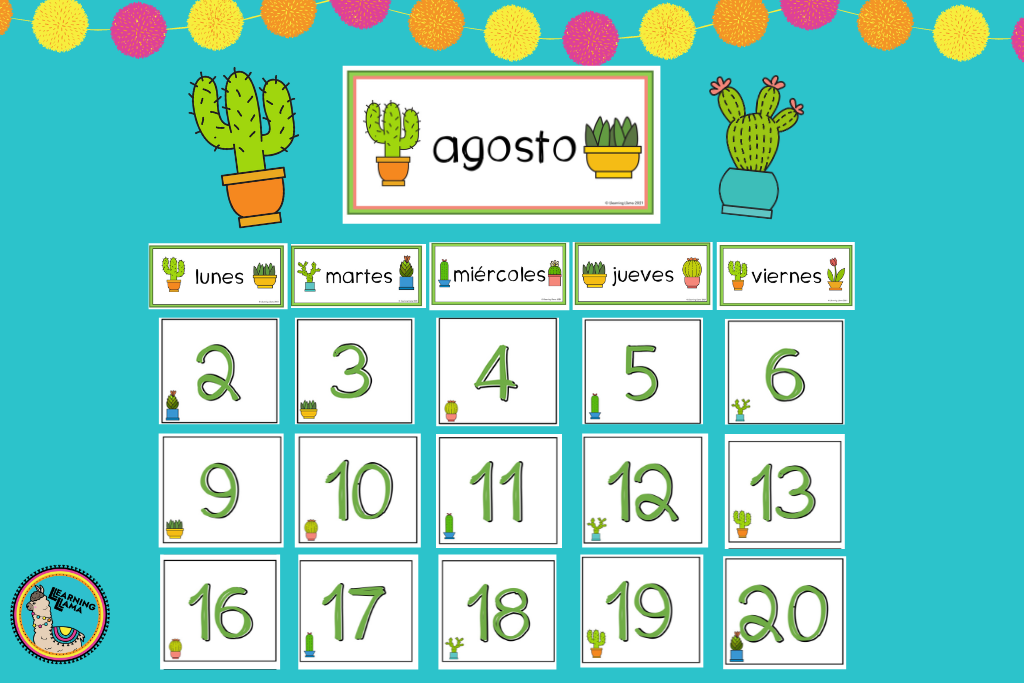 calendar talk for spanish class with cactus theme