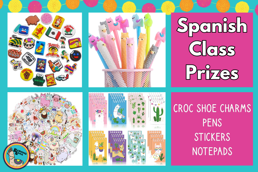 spanish class prizes including croc shoe charms, pens, stickers, and notepads