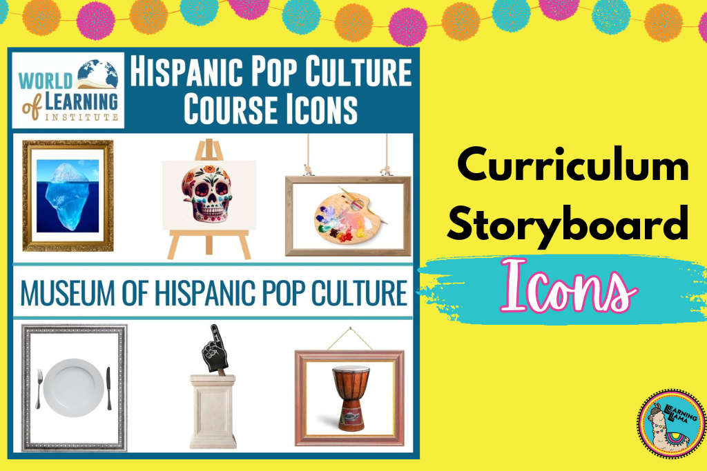 curriculum storyboard icons for a spanish 3 hispanic pop culture class