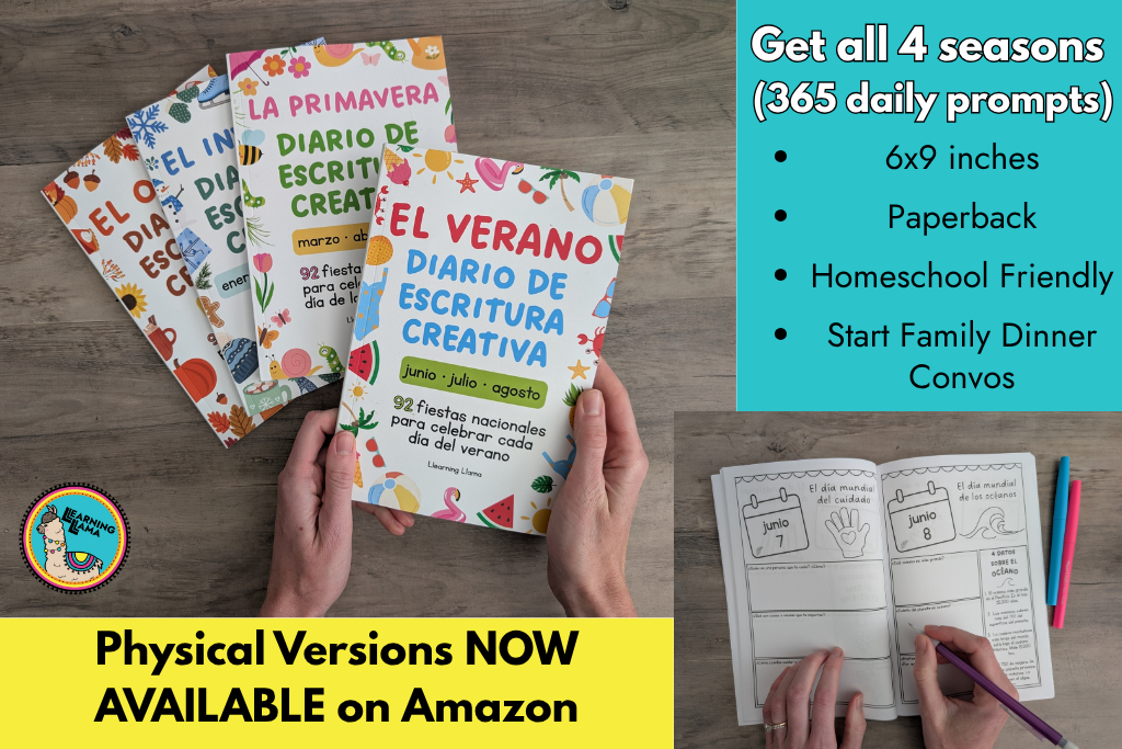 daily writing journals for kids based on national holidays. a set of 4 books based on fall, winter, spring, and summer for spanish daily creative writing prompts