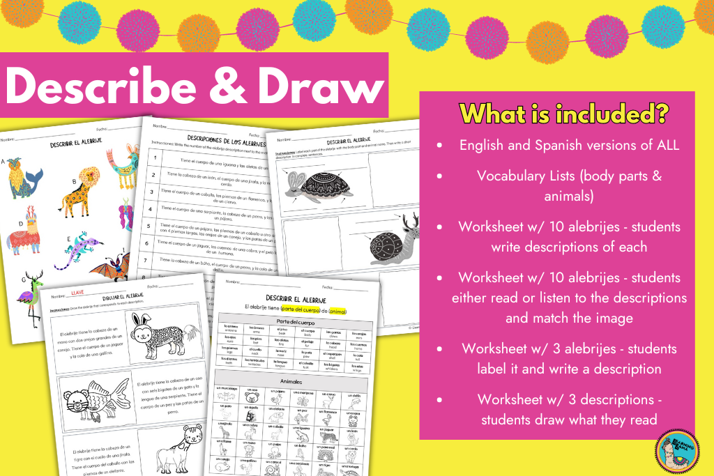 describe and draw alebrije animals with these worksheets and activities