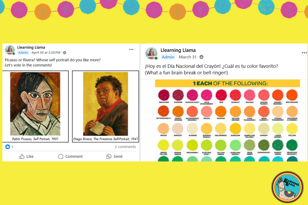 facebook group for teachers with ideas for teaching art in spanish class like Picasso and Rivera and learning colors in Spanish