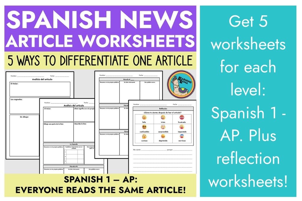 worksheets for differentiation when reading news articles in spanish class