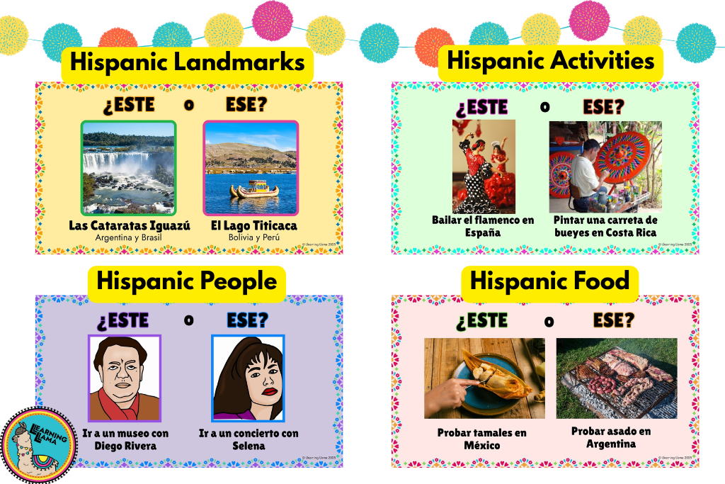 would you rather questions in spanish based on hispanic topics like famous landmarks, activities in the spanish speaking world, famous hispanic people, and hispanic food