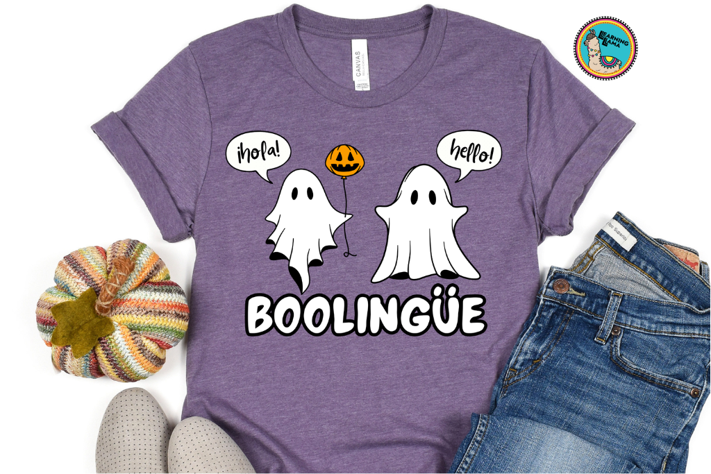 boolingual bilingual cute ghost t shirt for halloween with ghost speech bubbles saying hello and hola in english and spanish