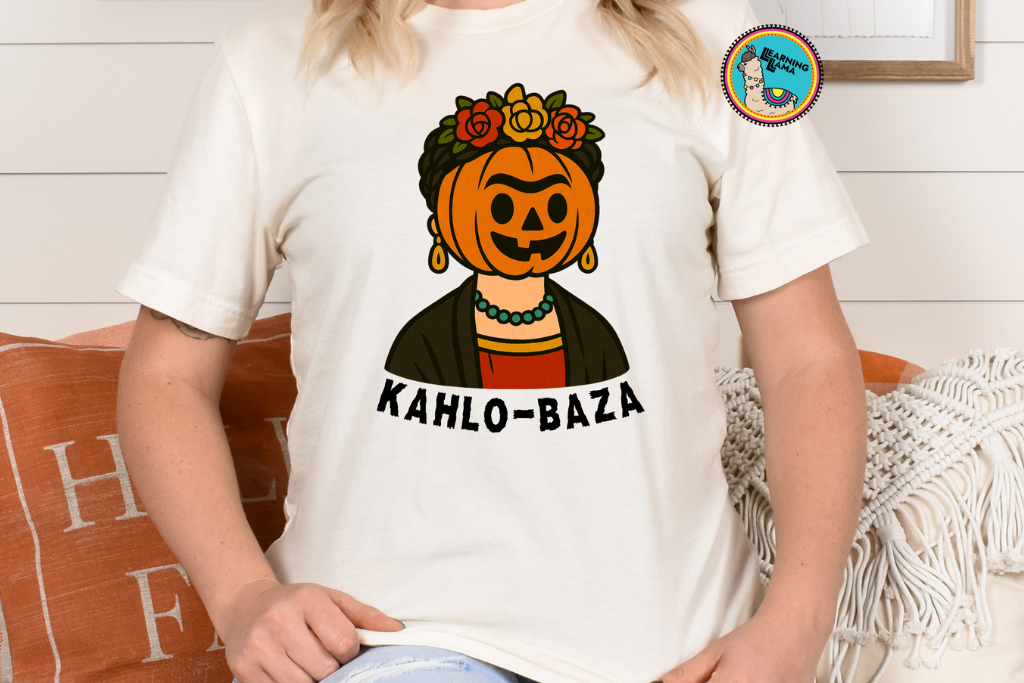frida kahlo pumpkin head shirt that says kahlobaza as a play on words for spanish calabaza