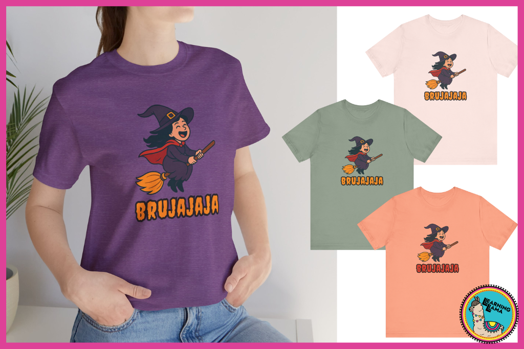 bruja shirt laughing witch on a broomstick with the spanish saying bujajaja for a funny halloween shirt