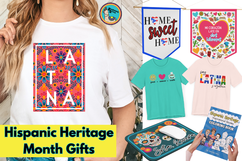 hispanic heritage month gift guide with t-shirts, home decor, teacher gifts, personalized gifts, coloring books about famous hispanics, and more