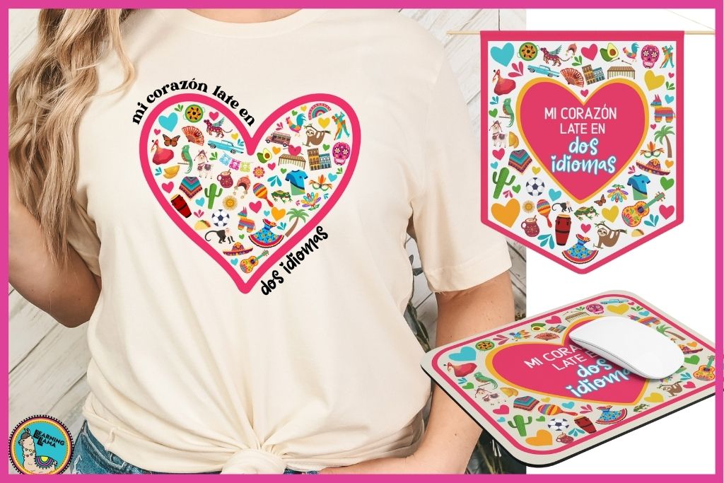mi corazon late en dos idiomas hispanic heritage month design on shirt, mousepad, or pennant wall hanging