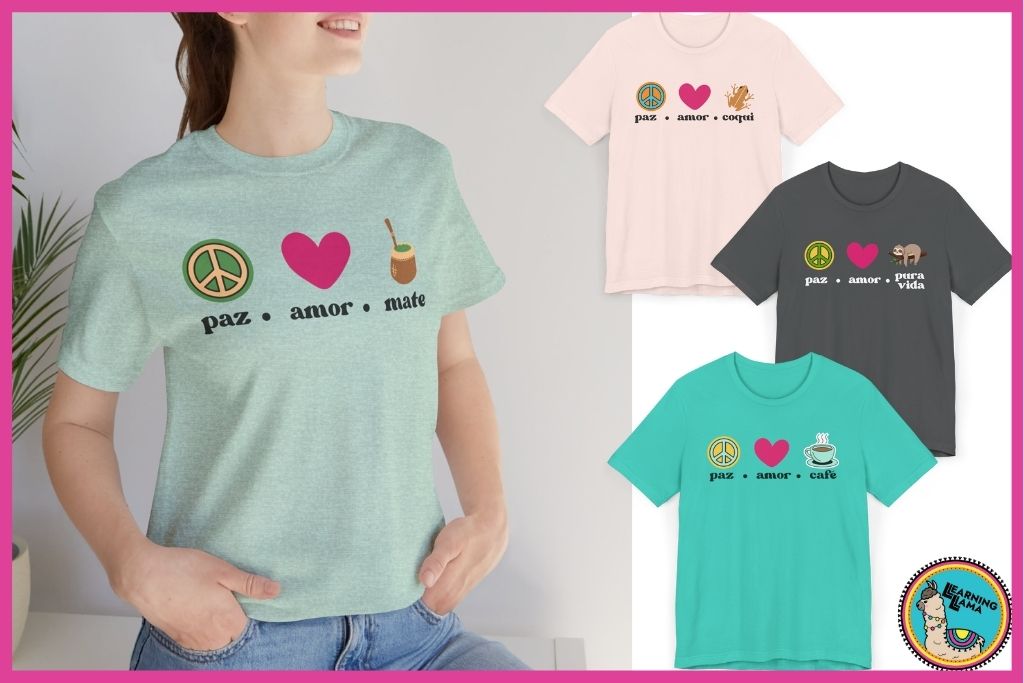 hispanic heritage shirts saying paz amore mate, pura vida, café, or coqui