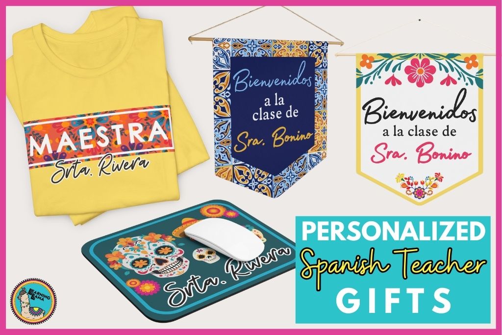 personalized teacher gifts for spanish teachers with name and cultural elements on t-shirts, mousepads, and wall decor
