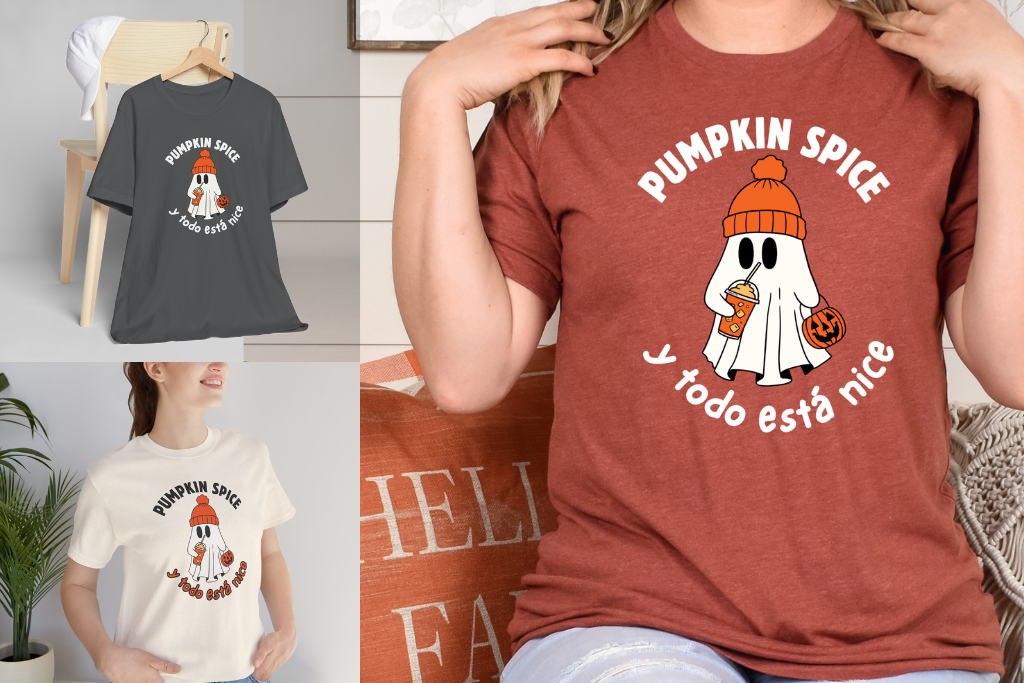 pumpkin spice and everything nice in spanish shirt with a cute ghost drinking a pumpkin spice latte