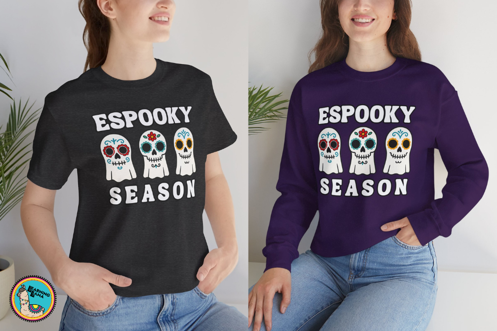 spooky season shirt and spooky season sweatshirt in spanish saying espooky season with three ghost calaveras sugar skulls