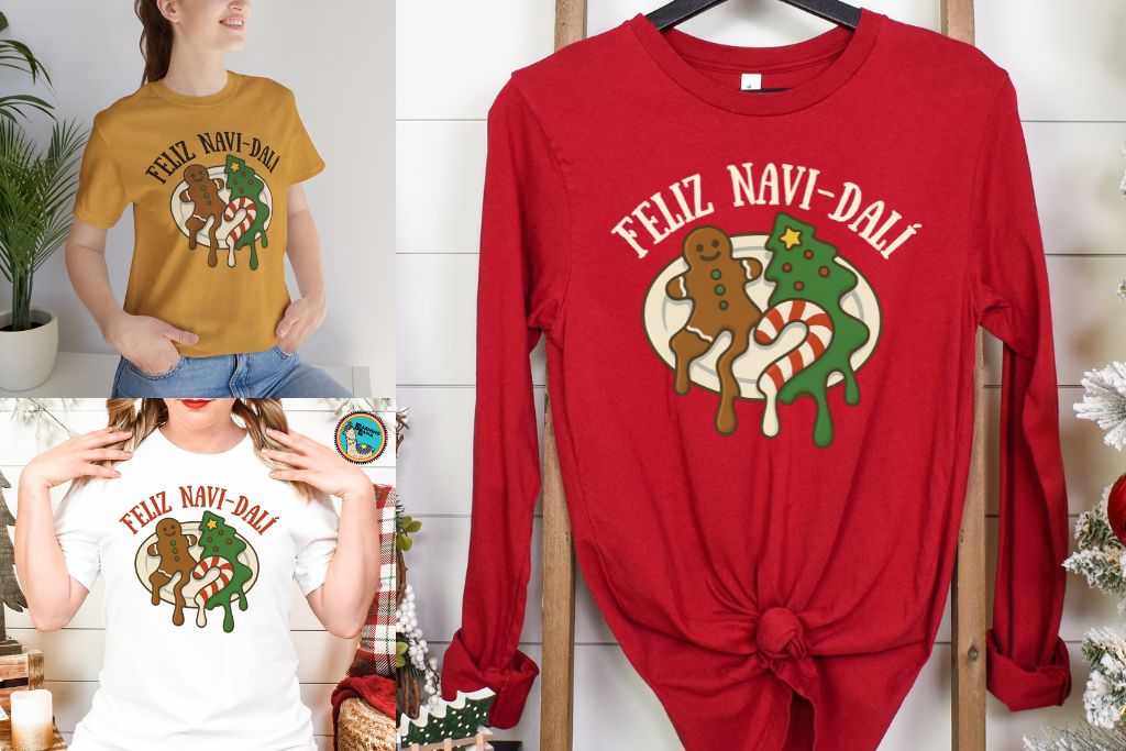 feliz navidad shirt inspired by salvador dali with melting christmas cookies on a plate like dali's melting clocks