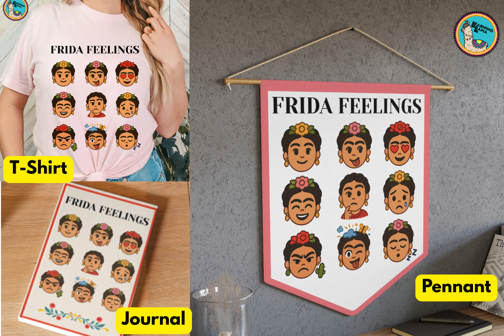 frida kahlo emotions and frida kahlo emojis gifts on a t-shirt, wall decor pennant, and journal 